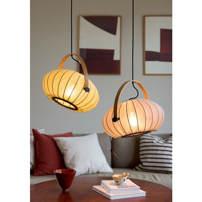 Skov Adjustable Scandi Pendant  - Oak & White Fabric
