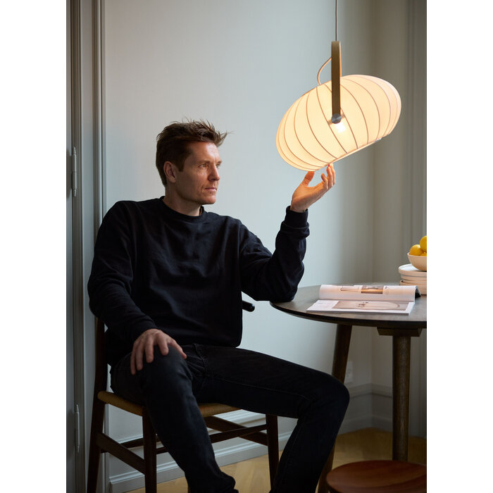 Skov Adjustable Scandi Pendant  - Oak & White Fabric