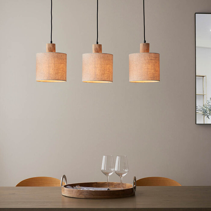 Dunbar - Wooden Bar Pendant Light with Natural Linen Shades