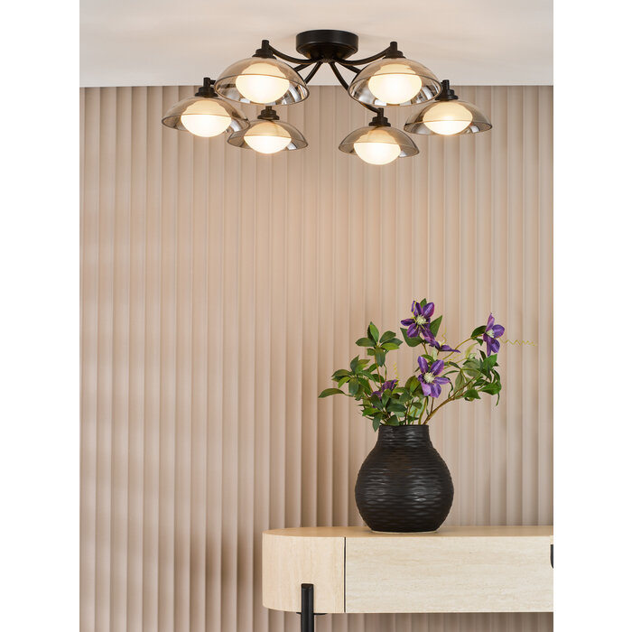 Cayda - Satin Black and Smoked Glass Semi Flush Ceiling Light - 6 Light