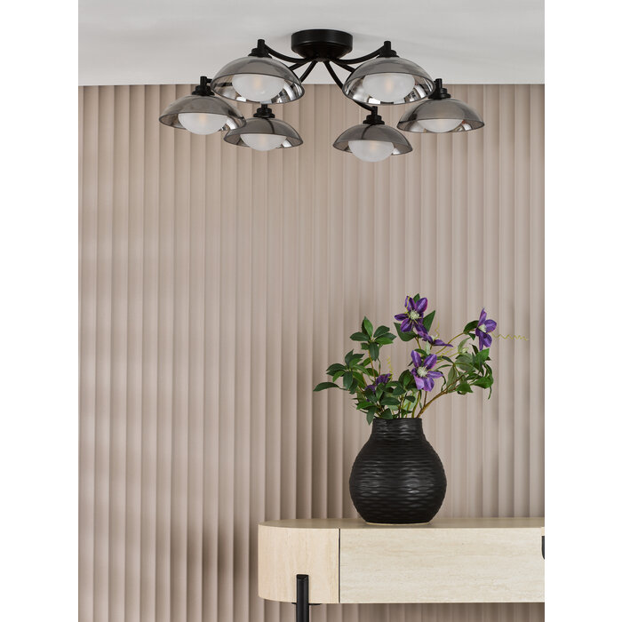 Cayda - Satin Black and Smoked Glass Semi Flush Ceiling Light - 6 Light