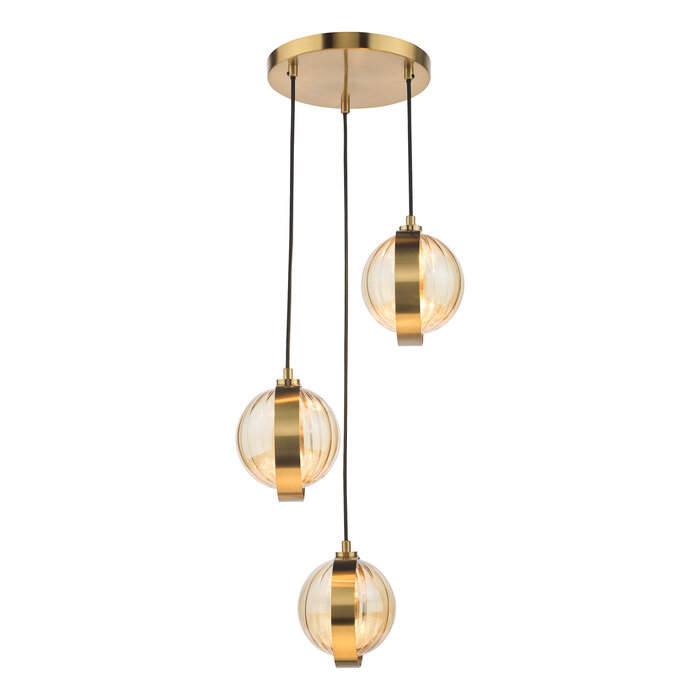 Ophira - Amber Ribbed Glass & Antique Gold Cluster Pendant Light