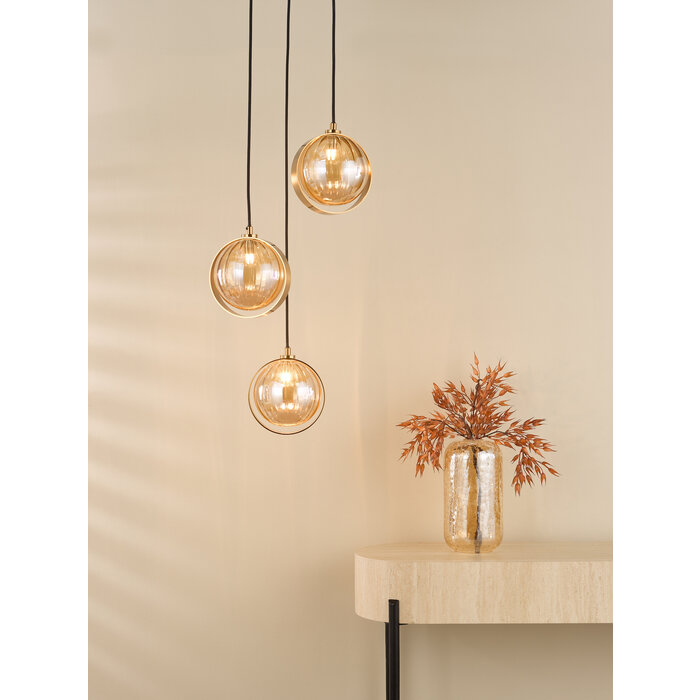 Ophira - Amber Ribbed Glass & Antique Gold Cluster Pendant Light
