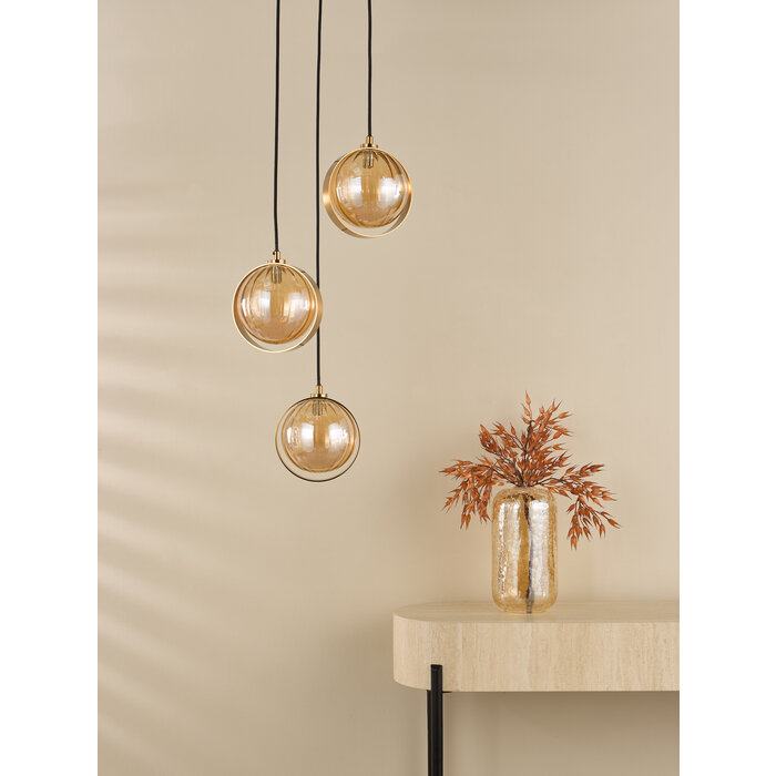 Ophira - Amber Ribbed Glass & Antique Gold Cluster Pendant Light