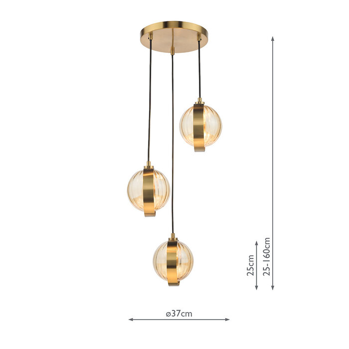 Ophira - Amber Ribbed Glass & Antique Gold Cluster Pendant Light