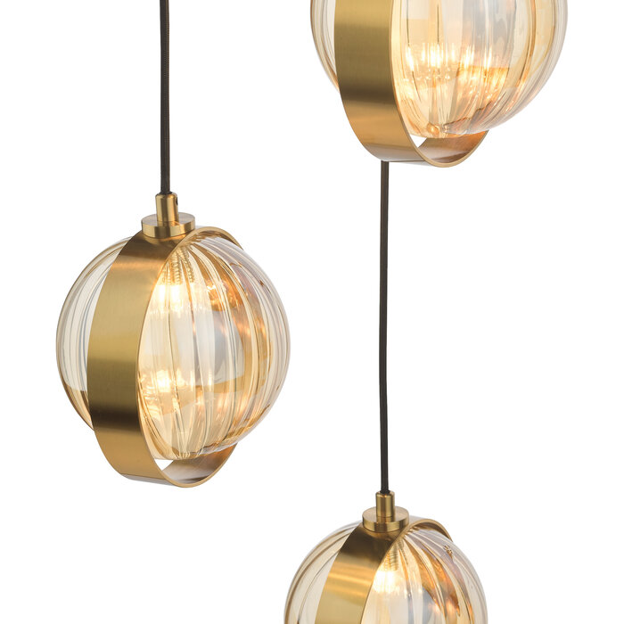 Ophira - Amber Ribbed Glass & Antique Gold Cluster Pendant Light