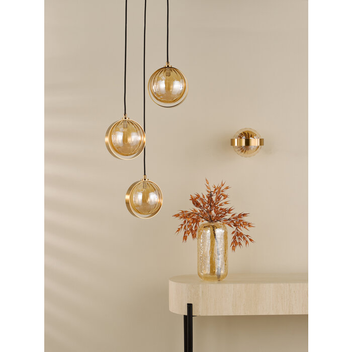 Ophira - Amber Ribbed Glass & Antique Gold Cluster Pendant Light