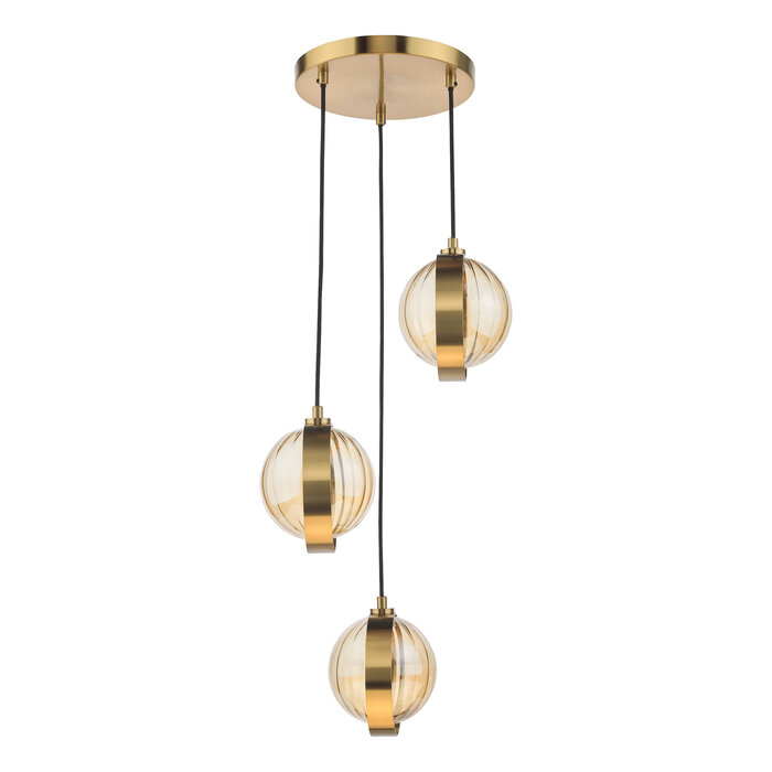 Ophira - Amber Ribbed Glass & Antique Gold Cluster Pendant Light