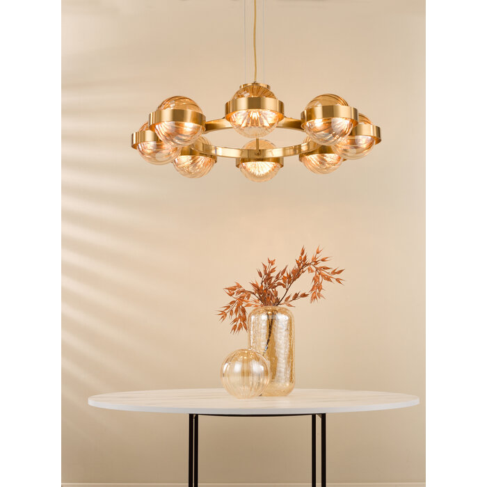 Ophira - Amber Ribbed Glass & Antique Gold Modern Chandelier - 8 Light