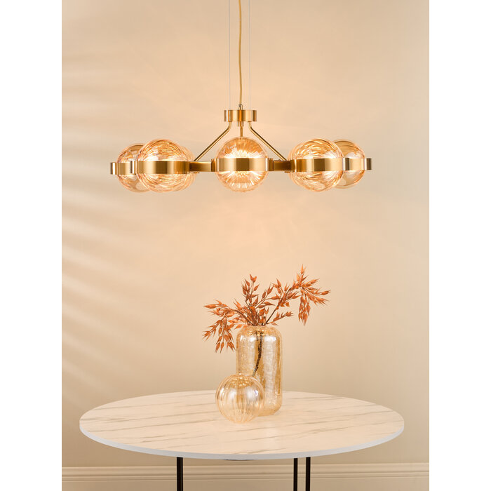 Ophira - Amber Ribbed Glass & Antique Gold Modern Chandelier - 8 Light