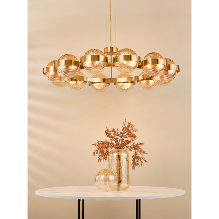 Ophira - Amber Ribbed Glass & Antique Gold Modern Chandelier - 12 Light