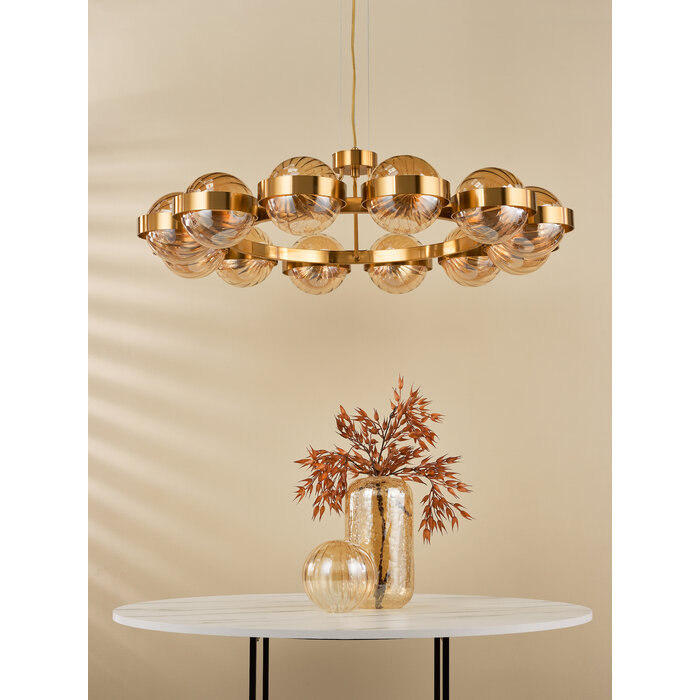 Ophira - Amber Ribbed Glass & Antique Gold Modern Chandelier - 12 Light