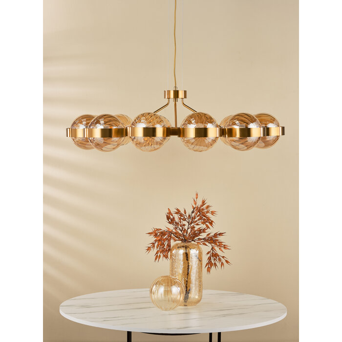 Ophira - Amber Ribbed Glass & Antique Gold Modern Chandelier - 12 Light