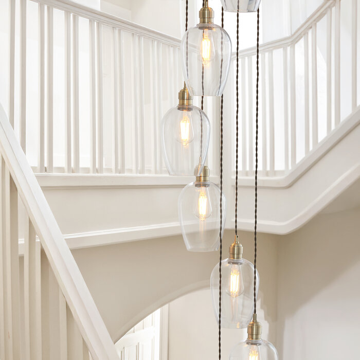 Una - Large Staircase Light - 13 Light Cascading Pendant - Antique Brass