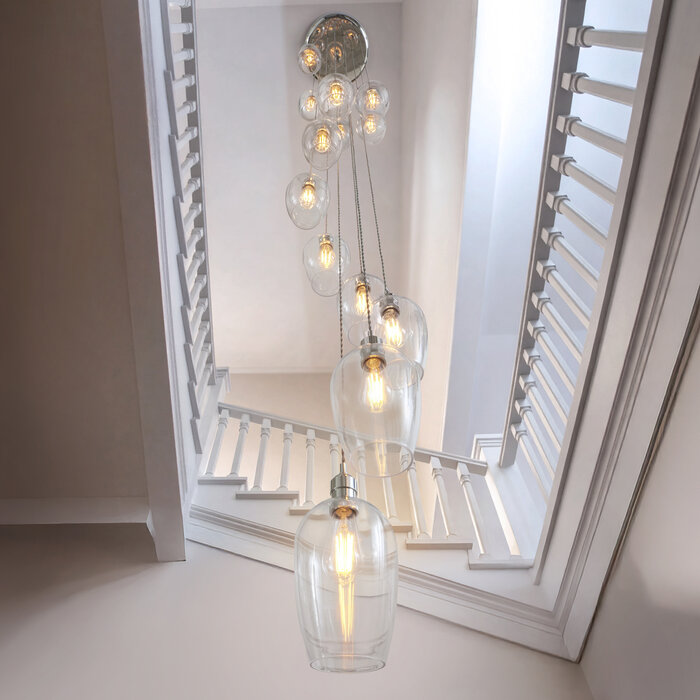 Una - Staircase Chandelier - 13 Light Cascading Pendant - Polished Nickel