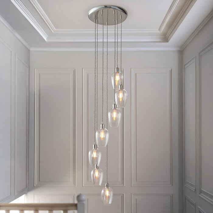 Una - Staircase Chandelier - 7 Light Cascading Pendant - Polished Nickel