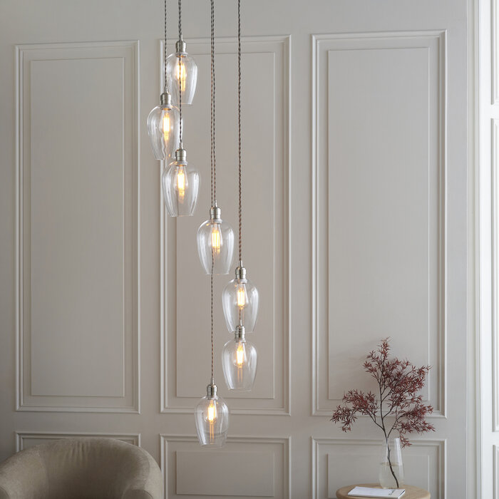 Una - Staircase Chandelier - 7 Light Cascading Pendant - Polished Nickel