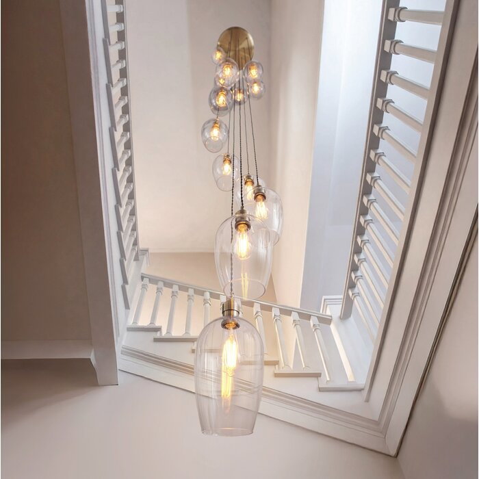 Una - Large Staircase Light - 13 Light Cascading Pendant - Antique Brass