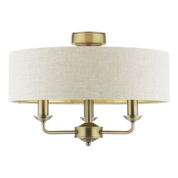 Sorrento 3 Light Semi Flush Ceiling Light With Natural Shade - Matt Antique Brass - Laura Ashley