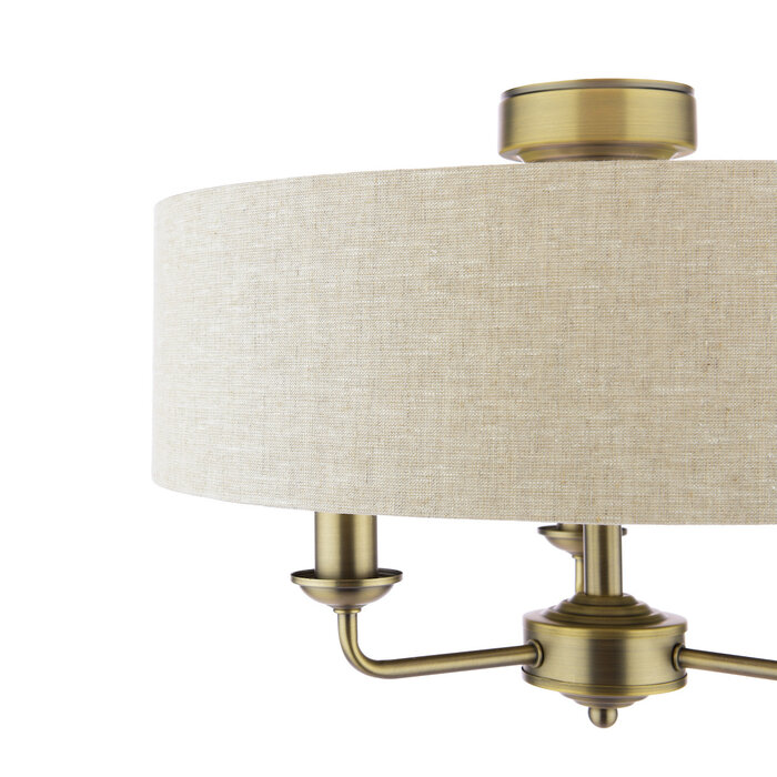 Sorrento 3 Light Semi Flush Ceiling Light With Natural Shade - Matt Antique Brass - Laura Ashley