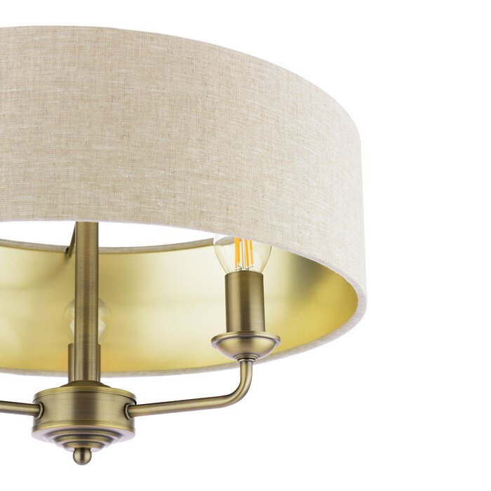 Sorrento 3 Light Semi Flush Ceiling Light With Natural Shade - Matt Antique Brass - Laura Ashley