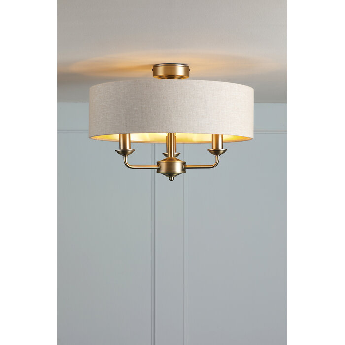Sorrento 3 Light Semi Flush Ceiling Light With Natural Shade - Matt Antique Brass - Laura Ashley