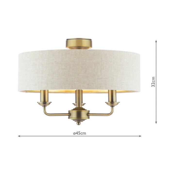 Sorrento 3 Light Semi Flush Ceiling Light With Natural Shade - Matt Antique Brass - Laura Ashley