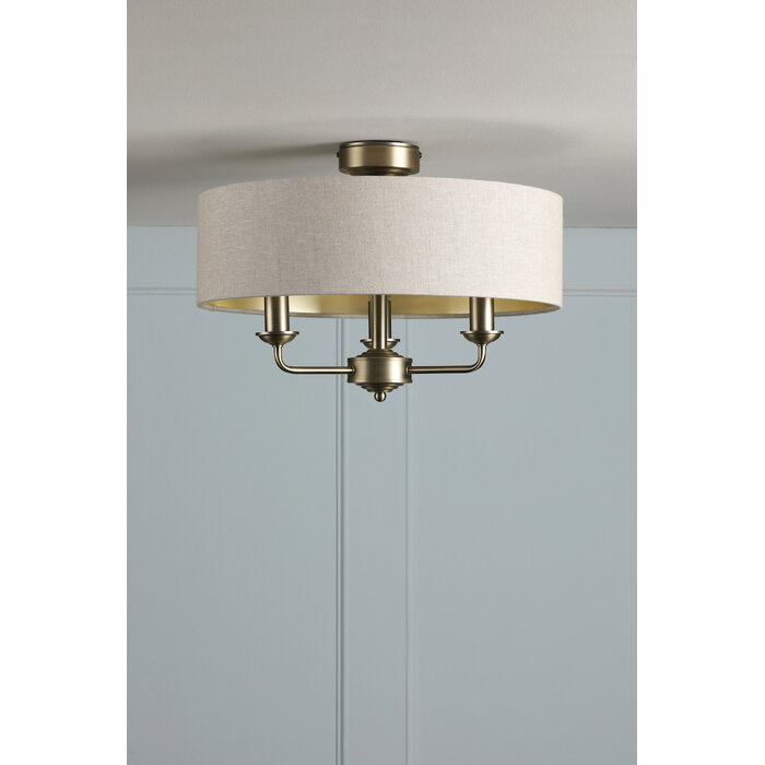 Sorrento 3 Light Semi Flush Ceiling Light With Natural Shade - Matt Antique Brass - Laura Ashley