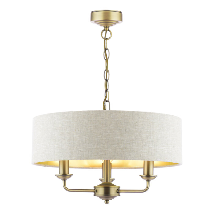 Sorrento 3 Light Ceiling Pendant with Natural Shade - Matt Antique Brass - Laura Ashley