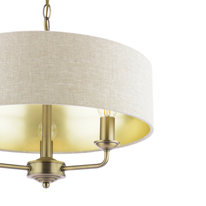 Sorrento 3 Light Ceiling Pendant with Natural Shade - Matt Antique Brass - Laura Ashley