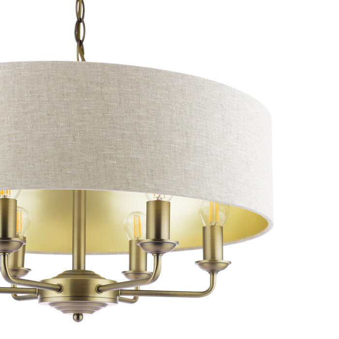 Sorrento - 6 Light Shadelier Ceiling Light with Natural Shade - Matt Antique Brass - Laura Ashley