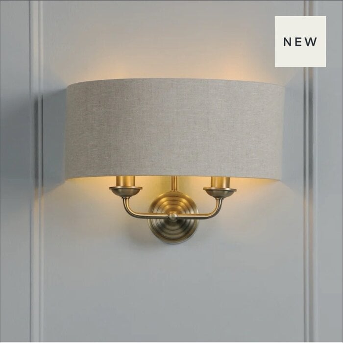 Laura Ashley Sorrento 2 Light Wall Light with Natural Shade - Matt Antique Brass