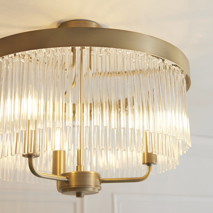 Gatsby - Art Deco Glass Rod 3 Light Semi-Flush Ceiling Light - Antique Brass