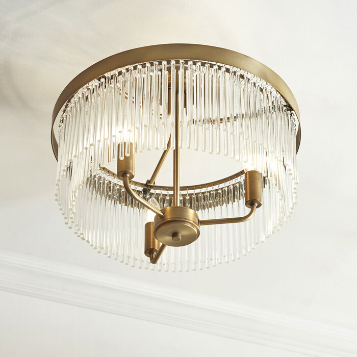 Gatsby - Art Deco Glass Rod 3 Light Semi-Flush Ceiling Light - Antique Brass