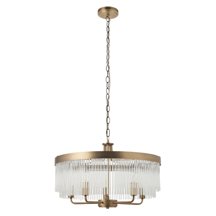 Gatsby - Art Deco Glass Rod 5 Light Pendant Ceiling Light - Antique Brass