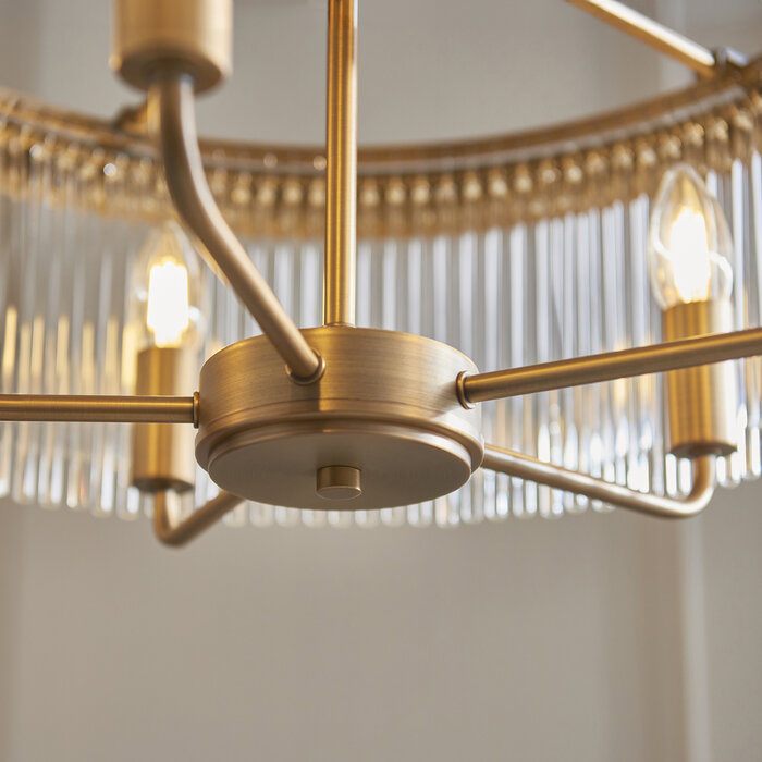 Gatsby - Art Deco Glass Rod 5 Light Pendant Ceiling Light - Antique Brass