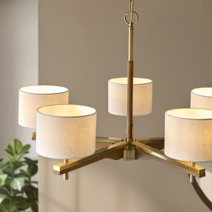 Geneva - Wood and Linen 5 Light Pendant Ceiling Light - Brushed Aged Brass