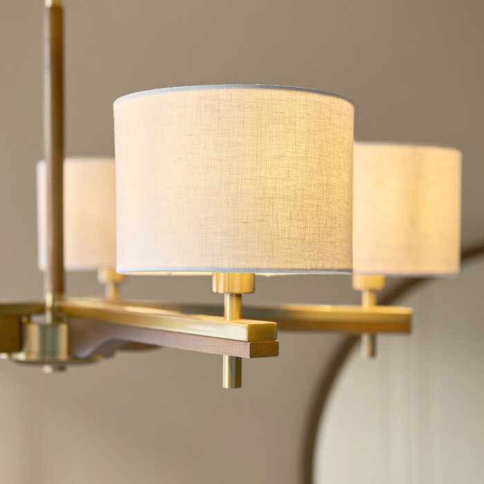 Geneva - Wood and Linen 5 Light Pendant Ceiling Light - Brushed Aged Brass