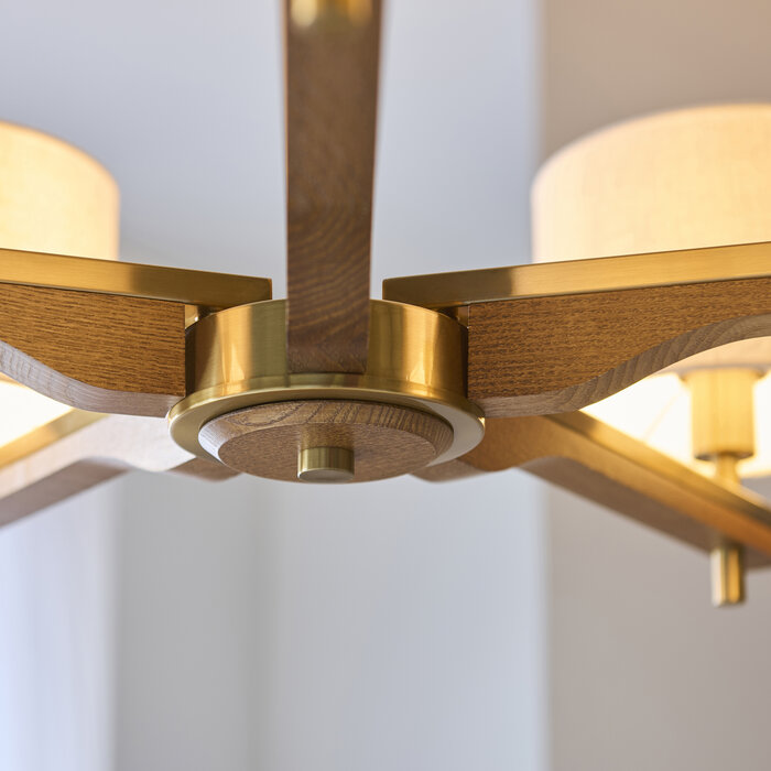 Geneva - Wood and Linen 5 Light Pendant Ceiling Light - Brushed Aged Brass