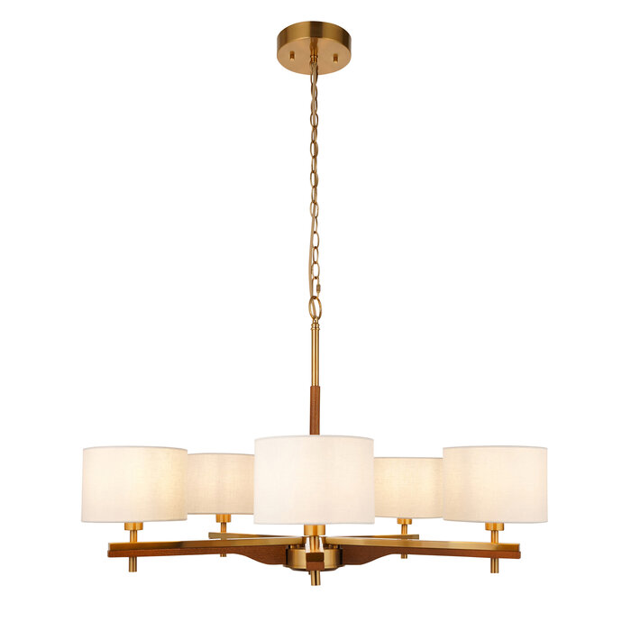 Geneva - Wood and Linen 5 Light Pendant Ceiling Light - Brushed Aged Brass