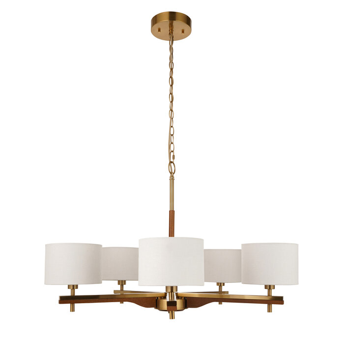 Geneva - Wood and Linen 5 Light Pendant Ceiling Light - Brushed Aged Brass