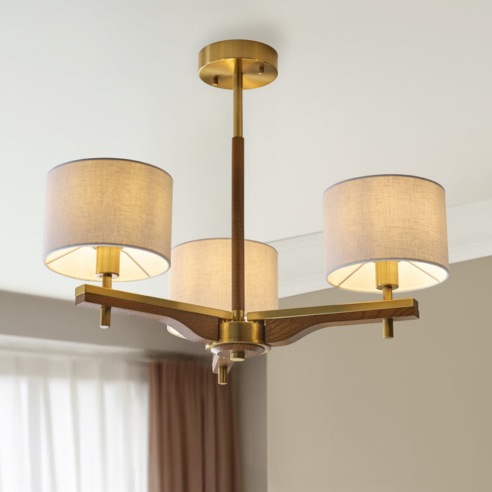 Geneva - Wood and Linen 3 Light Semi-Flush Ceiling Light - Brushed Aged Brass