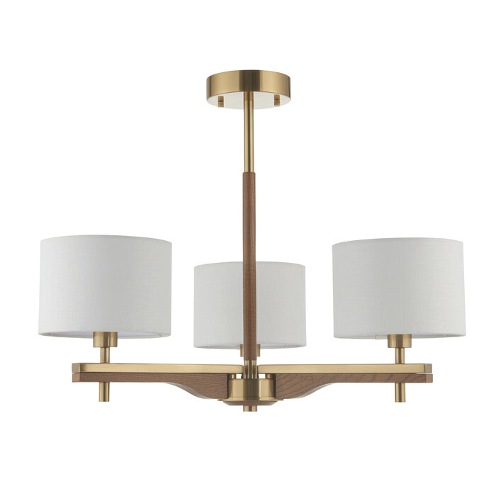 Geneva - Wood and Linen 3 Light Semi-Flush Ceiling Light - Brushed Aged Brass