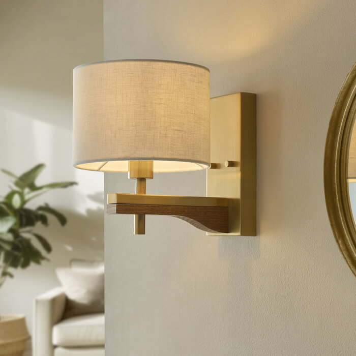 Geneva - Wood and Linen Wall Light - Brushed Aged Brass