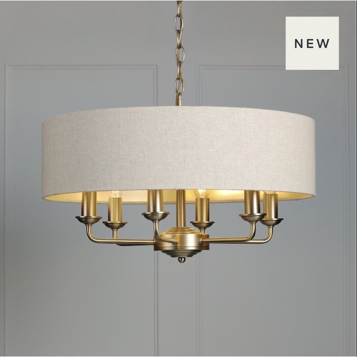 Sorrento - 6 Light Shadelier Ceiling Light with Natural Shade - Matt Antique Brass - Laura Ashley
