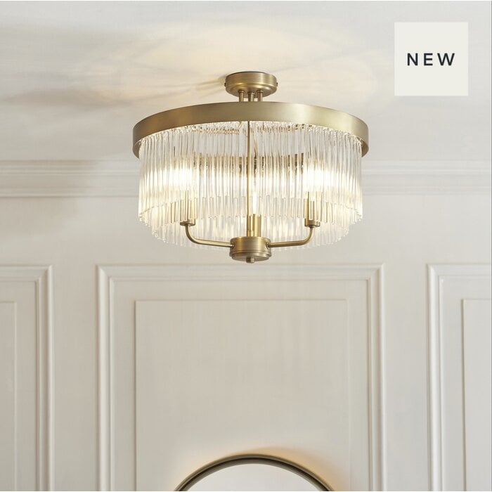 Gatsby - Art Deco Glass Rod 3 Light Semi-Flush Ceiling Light - Antique Brass