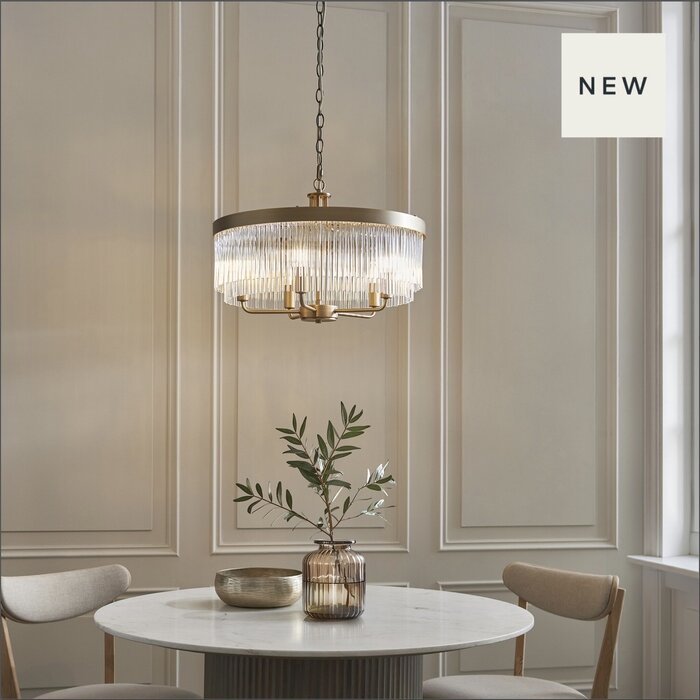 Gatsby - Art Deco Glass Rod 5 Light Pendant Ceiling Light - Antique Brass