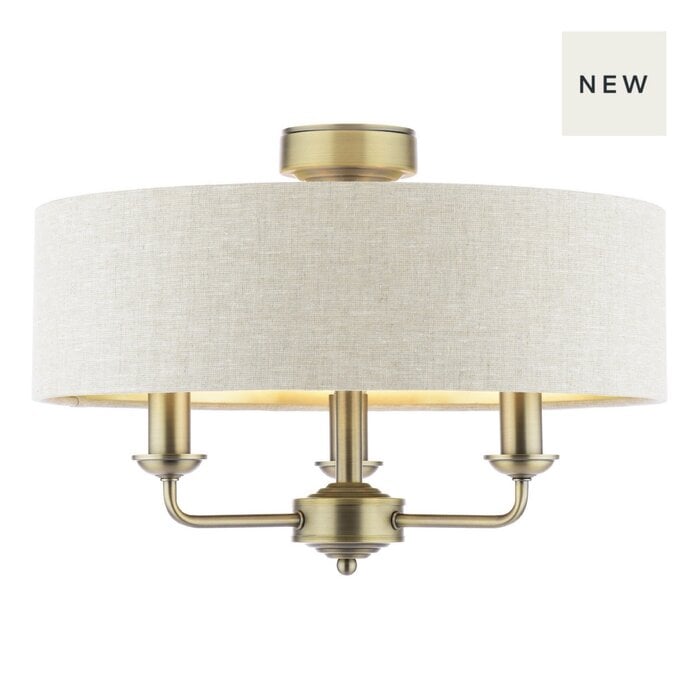 Sorrento 3 Light Semi Flush Ceiling Light With Natural Shade - Matt Antique Brass - Laura Ashley