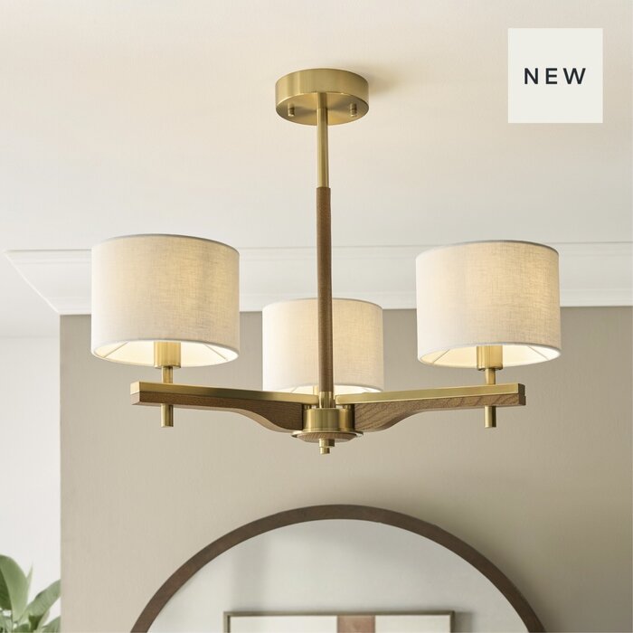 Geneva - Wood and Linen 3 Light Semi-Flush Ceiling Light - Brushed Aged Brass