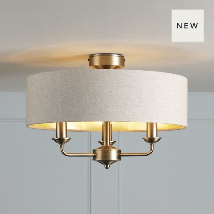 Sorrento 3 Light Semi Flush Ceiling Light With Natural Shade - Matt Antique Brass - Laura Ashley